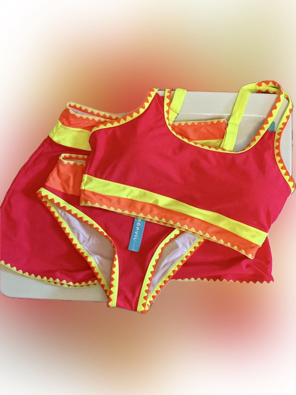Popvil Neon Colorblock 3 Piece Swim Set NWT - Large Top / Medium Bottoms & Skirt